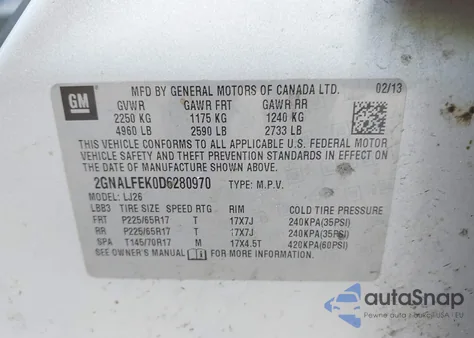 2013 Chevrolet Equinox Ltz z USA, uszkodzony, nr VIN 2GNALFEK0D6280970